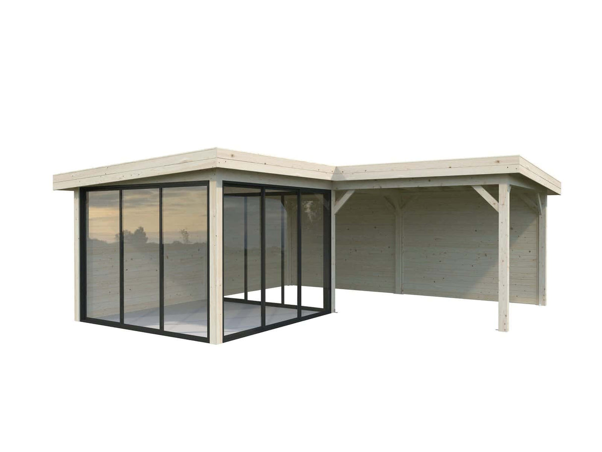 Lenna 24.9m2 Set 412/712 (5.88x5.88m) L-kujuline lamekatusega lükanduste ja varikatusega paviljon