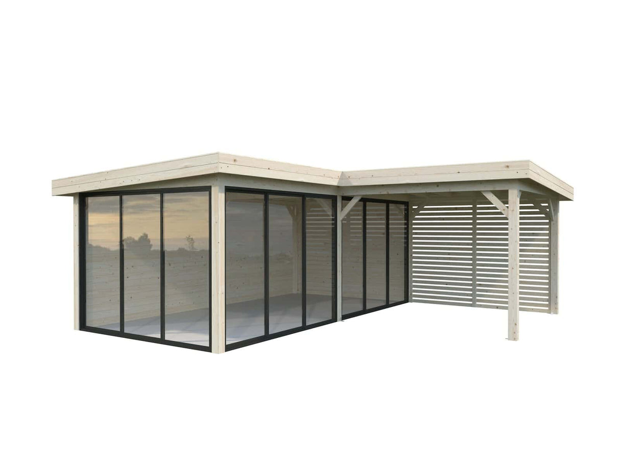 Lenna 24.9m2 Set 414/714 (5.88x5.88m) L-kujuline lamekatusega kolme lükandukse ja võreseinaga paviljon