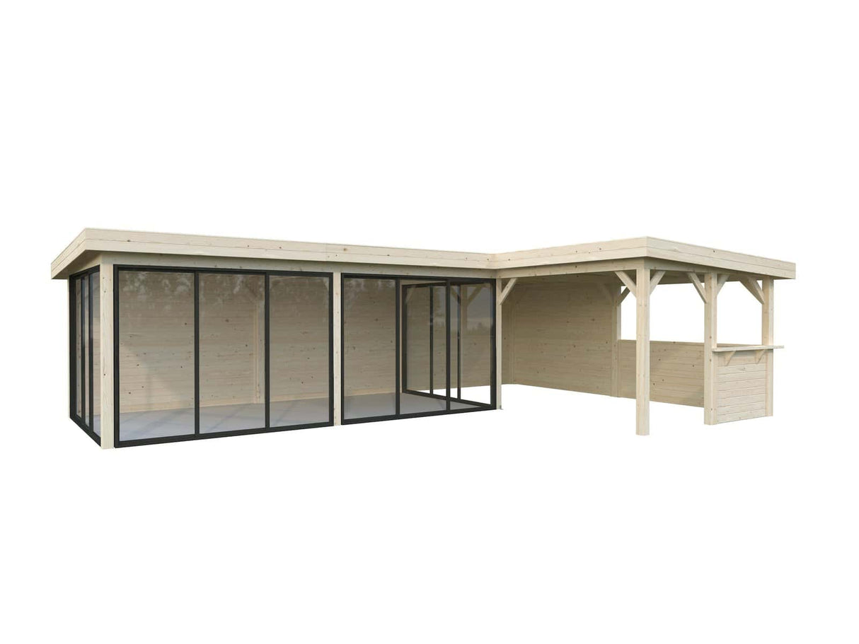 Lenna 33.2m2 Set 421/721 (8.76x5.88m) L-kujuline lamekatuse, nelja lükandukse ja väliköögi osaga paviljon