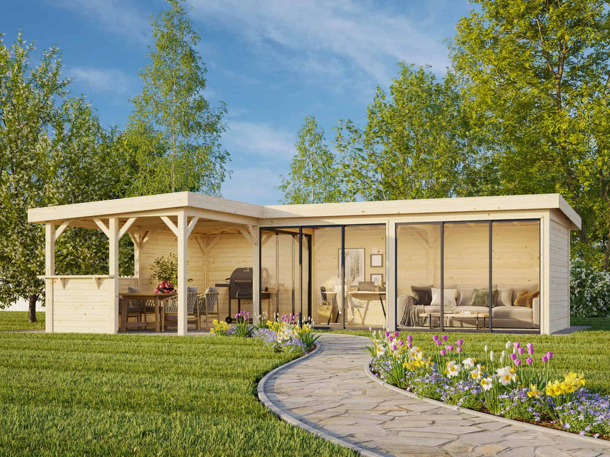 Lenna 33.2m2 Set 420/720 (8.76x5.88m) L-kujuline lamekatuse, kolme lükandukse ja väliköögi osaga paviljon