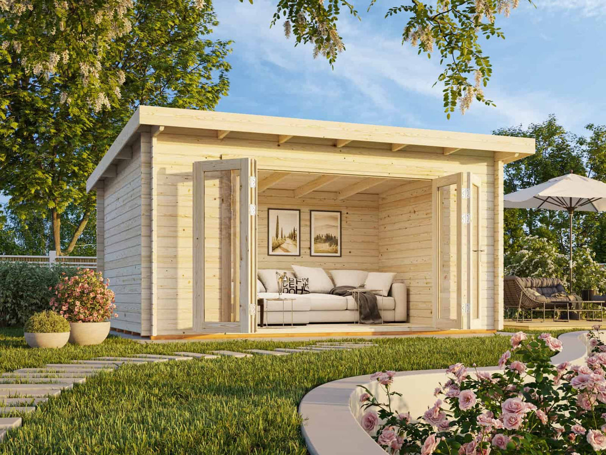 Lea 14.2m2 (4.5x3.3m | 44mm) Ruumikas freespruss-aiamaja kaldkatuse ja volditavate ustega