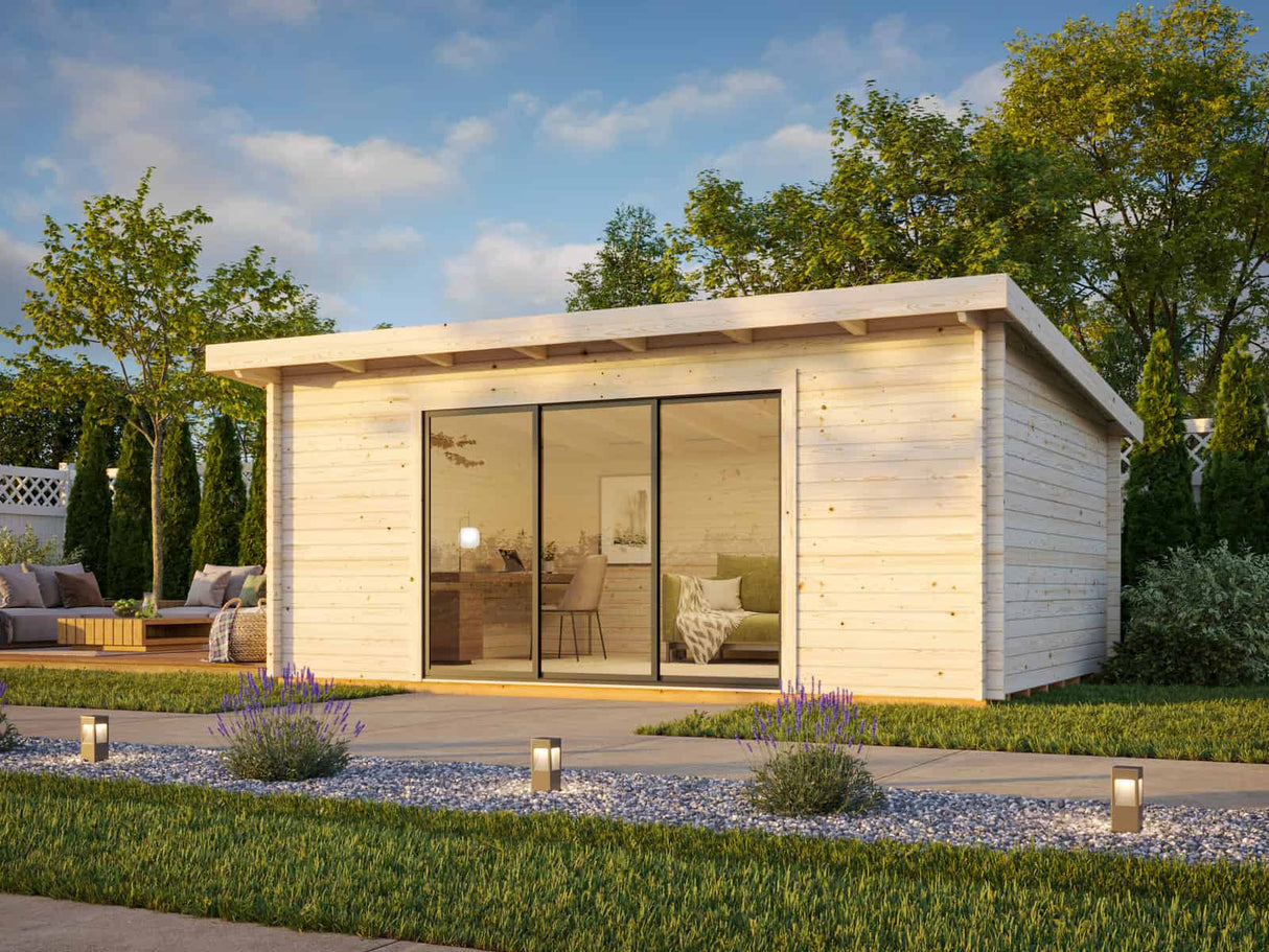 Lea 19.4m2 (5.3x3.8m | 44mm) Kaldkatusega freespruss-aiamaja lükandustega