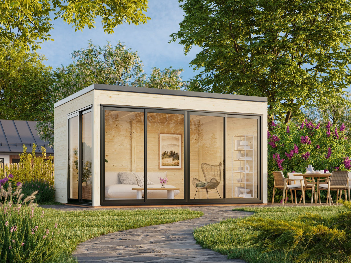 Serena 1 (4,2x3,2 m | 12,6 m² | 44 mm) Modernne klaaspaviljon aeda – alumiiniumuksed ja -aknad (ühekordne või topeltklaas)