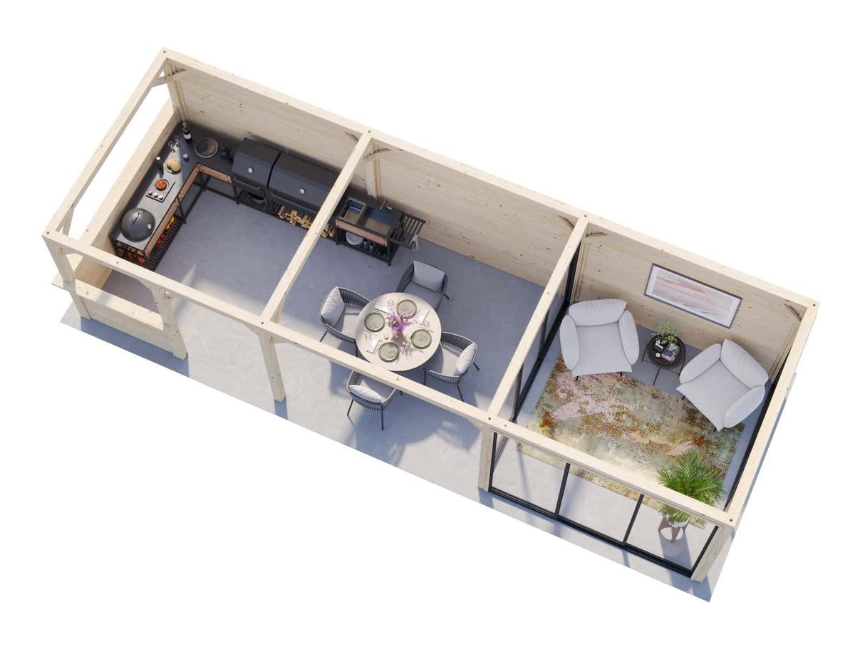 Lenna 24.9m2 Set 416/716 (8.76x3m) Lamekatuse ja kolme lükanduksega suur paviljon väliköögi osaga