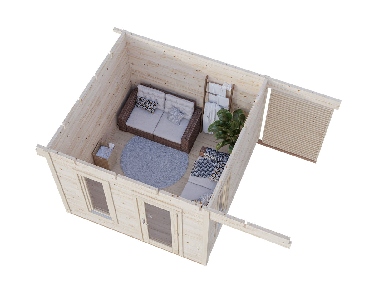 Grace 8.1+4.1m2 (3x2.9m | 56mm) Liimpuitelementidest aiamaja pisikese varikatusega