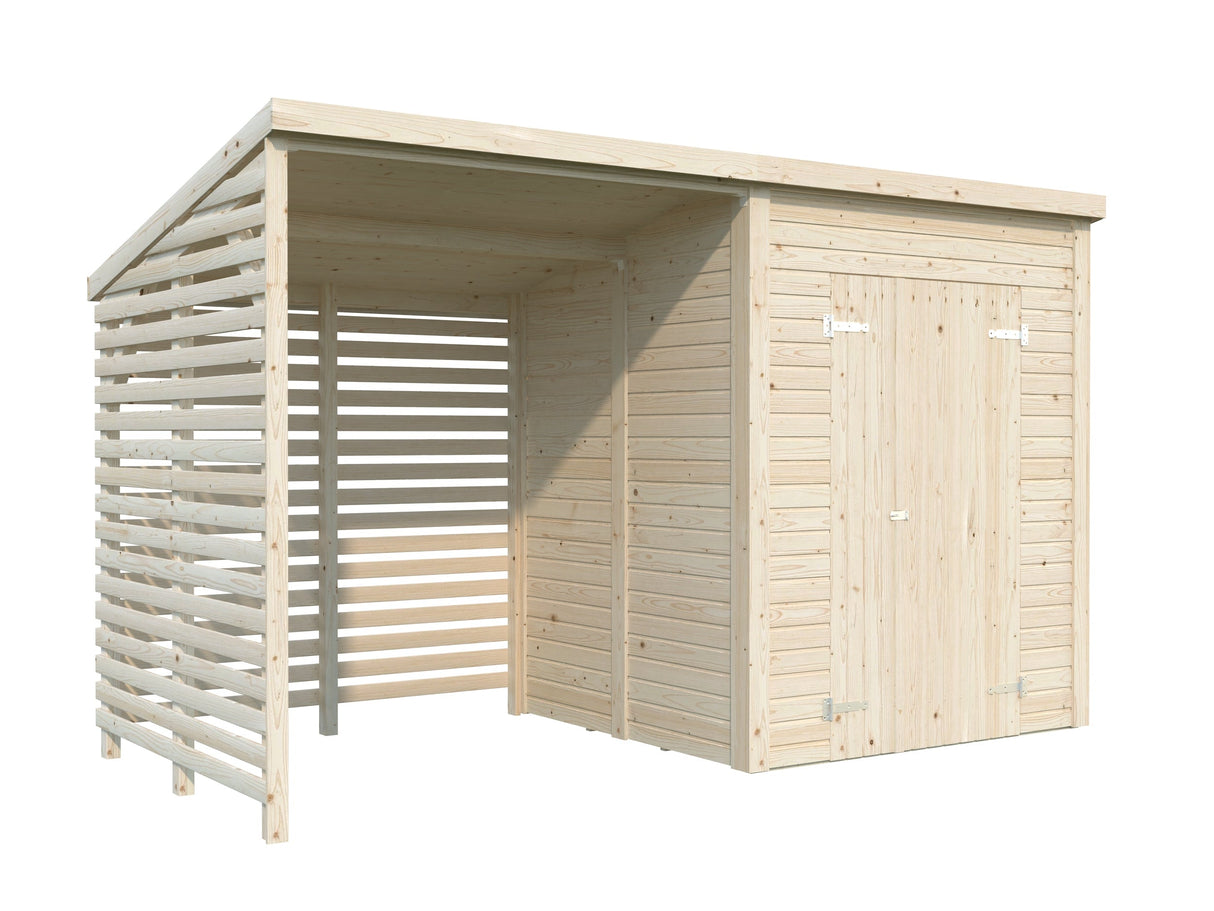 Leif 3+2.9m2 (3.7x1.7m | 16mm) Valmis seinaelementidest praktiline aiakuur varikatusega