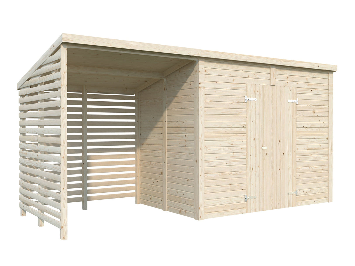 Leif 4.5+2.9m2 (4.6x1.7m | 16mm) Valmis seinaelementidest praktiline aiakuur varikatusega
