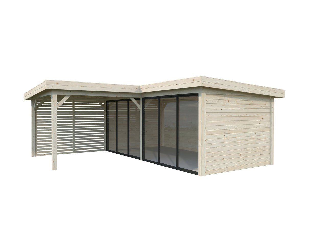 Lenna 24.9m2 Set 413/713 (5.88x5.88m) L-kujuline lamekatusega kahe lükandukse ja võreseinaga paviljon