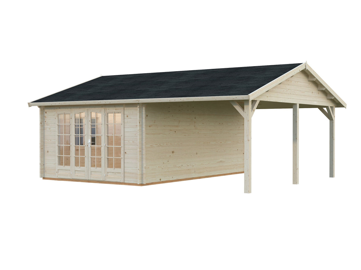 Irene 19+16.2m2 (6.53x5.5m | 44mm) Freespruss-aiamaja varikatusega