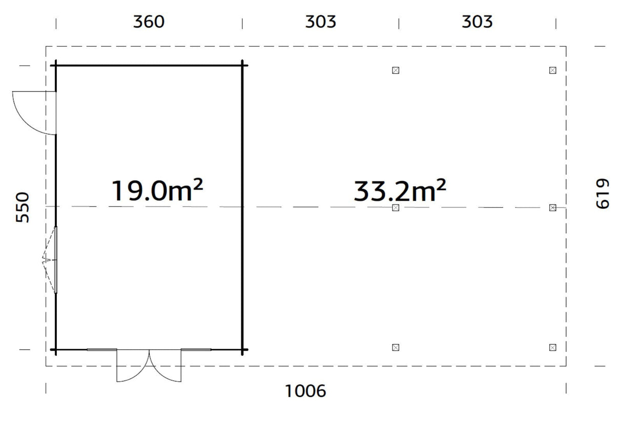 Irene 19+33.2m2 (9.56x5.5m | 44mm) Freespruss-aiamaja suure varikatusega