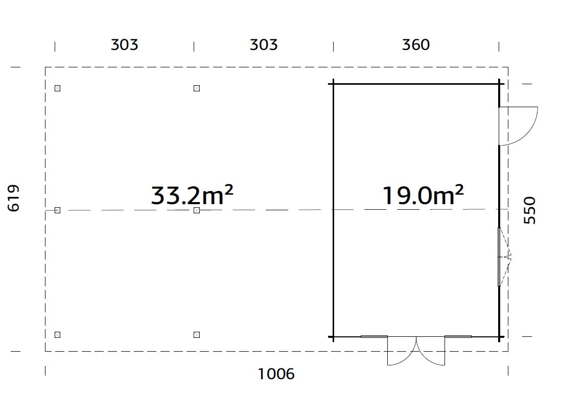 Irene 19+33.2m2 (9.56x5.5m | 44mm) Freespruss-aiamaja suure varikatusega