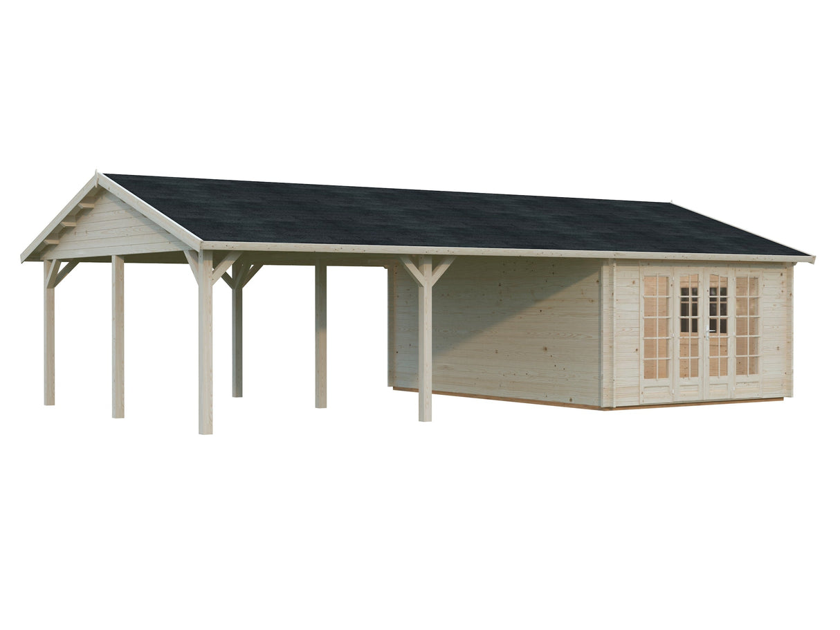 Irene 19+33.2m2 (9.56x5.5m | 44mm) Freespruss-aiamaja suure varikatusega