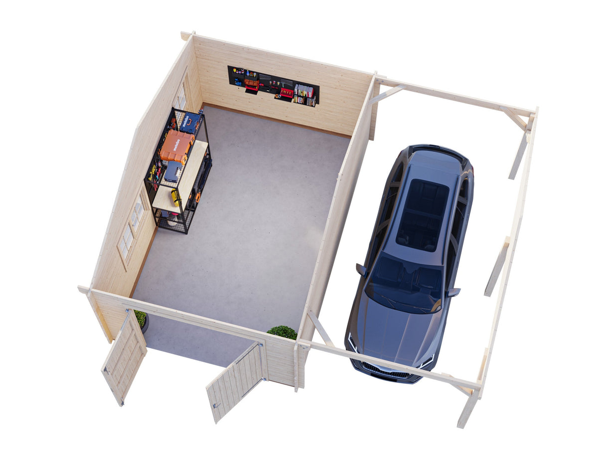 Roger 19+16.2m2 (6.53x5.5m | 44mm) autovarjualusega freespruss-garaaž puidust ustega