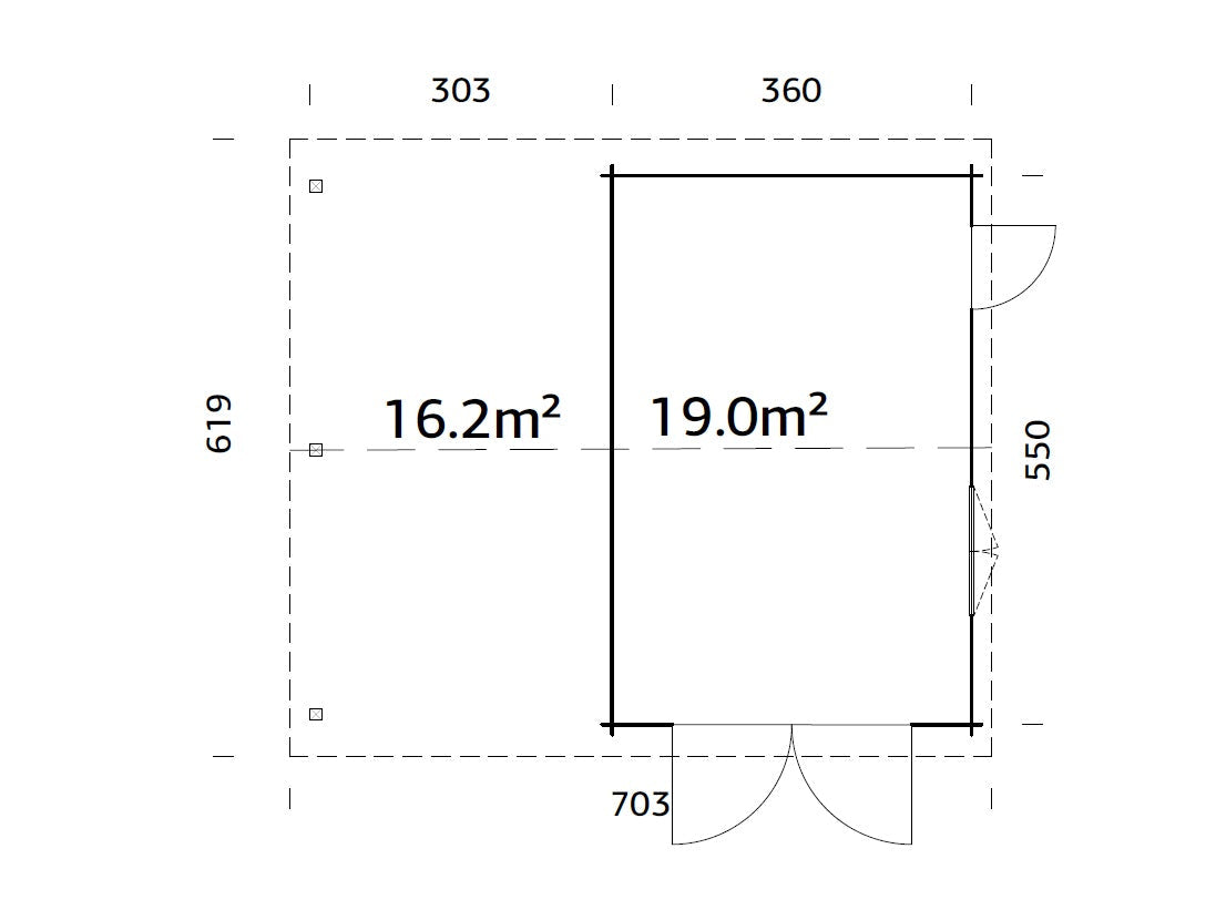 Roger 19+16.2m2 (6.53x5.5m | 44mm) autovarjualusega freespruss-garaaž puidust ustega