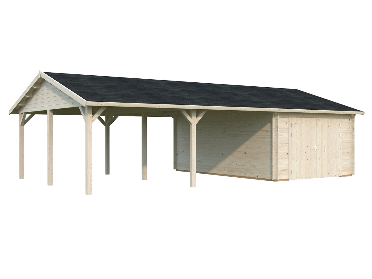 Roger 19+33.2m2 (9.56x5.5m | 44mm) Suure varjualusega freespruss-garaaž puidust uksega