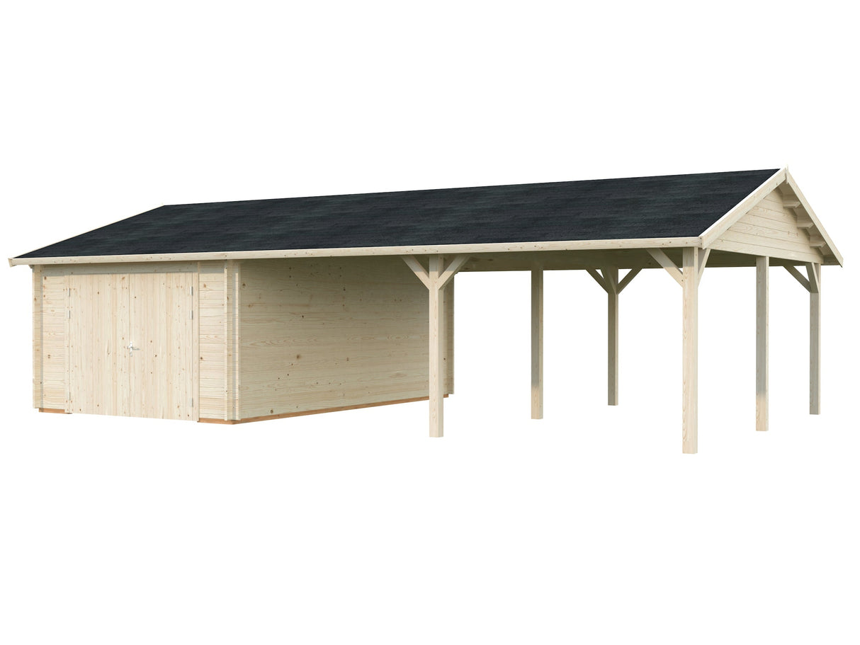Roger 19+33.2m2 (9.56x5.5m | 44mm) Suure varjualusega freespruss-garaaž puidust uksega
