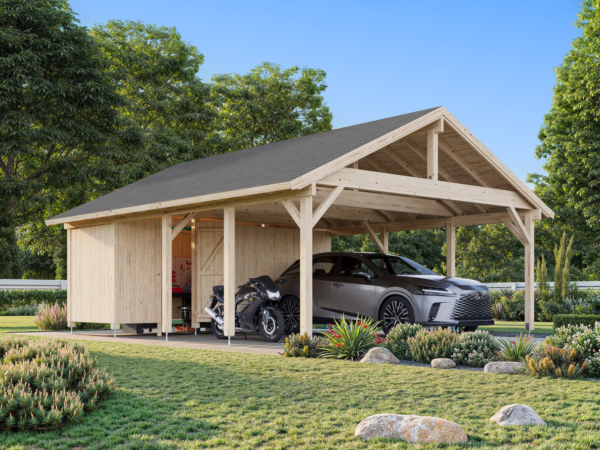 Robert 40.6m2 kuuriga (5.55x7.32m) Viilkatusega kahekohaline autovarjualune koos kuuriga