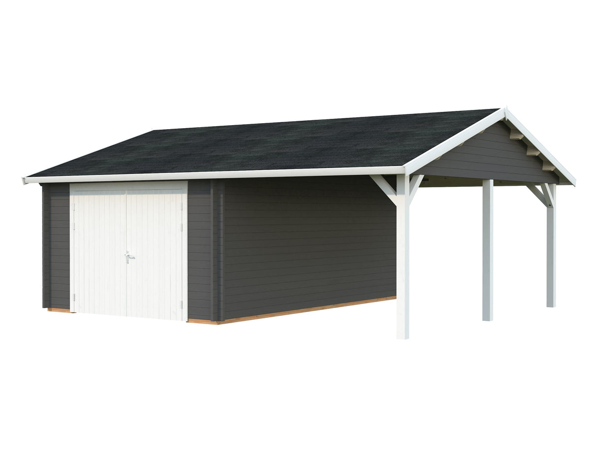 Roger 19+16.2m2 (6.53x5.5m | 44mm) autovarjualusega freespruss-garaaž puidust ustega