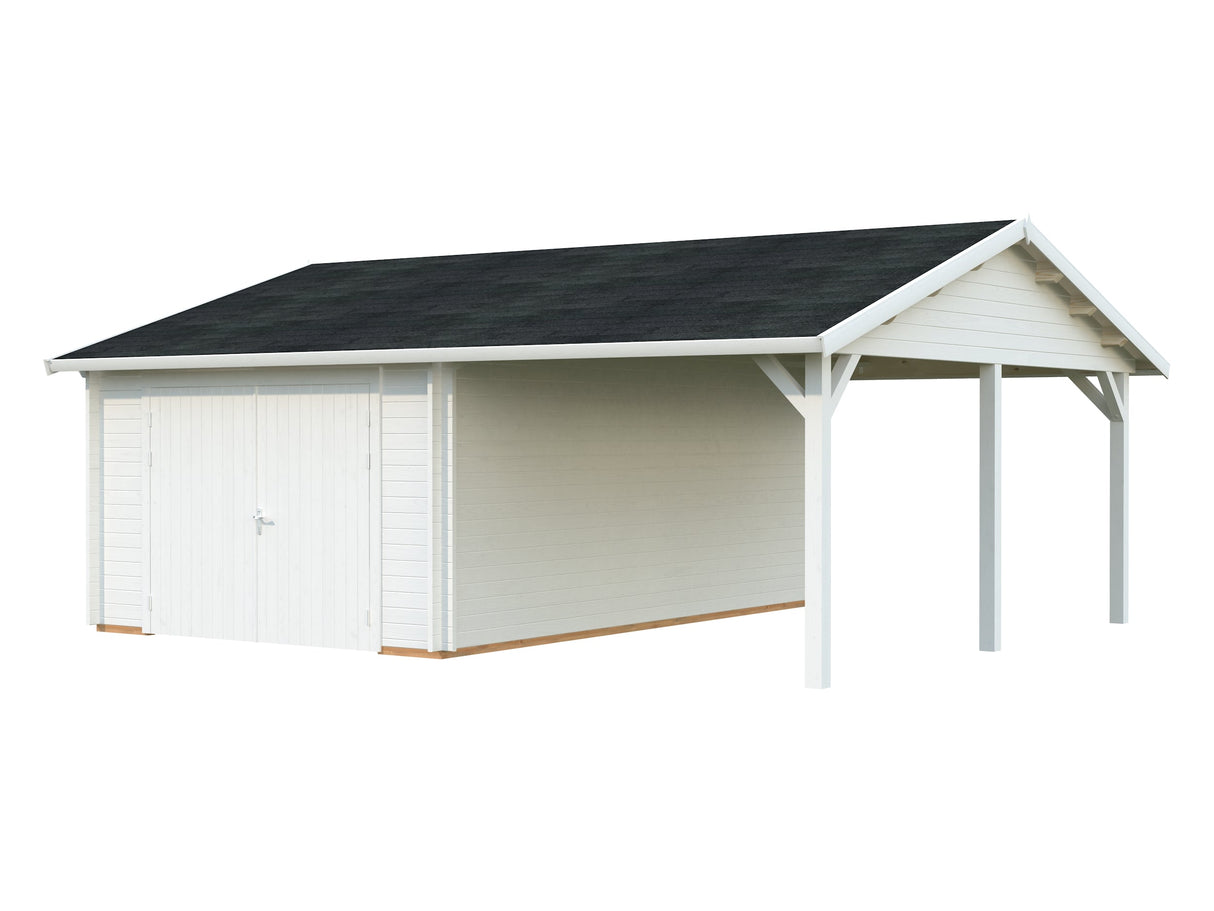 Roger 19+16.2m2 (6.53x5.5m | 44mm) autovarjualusega freespruss-garaaž puidust ustega