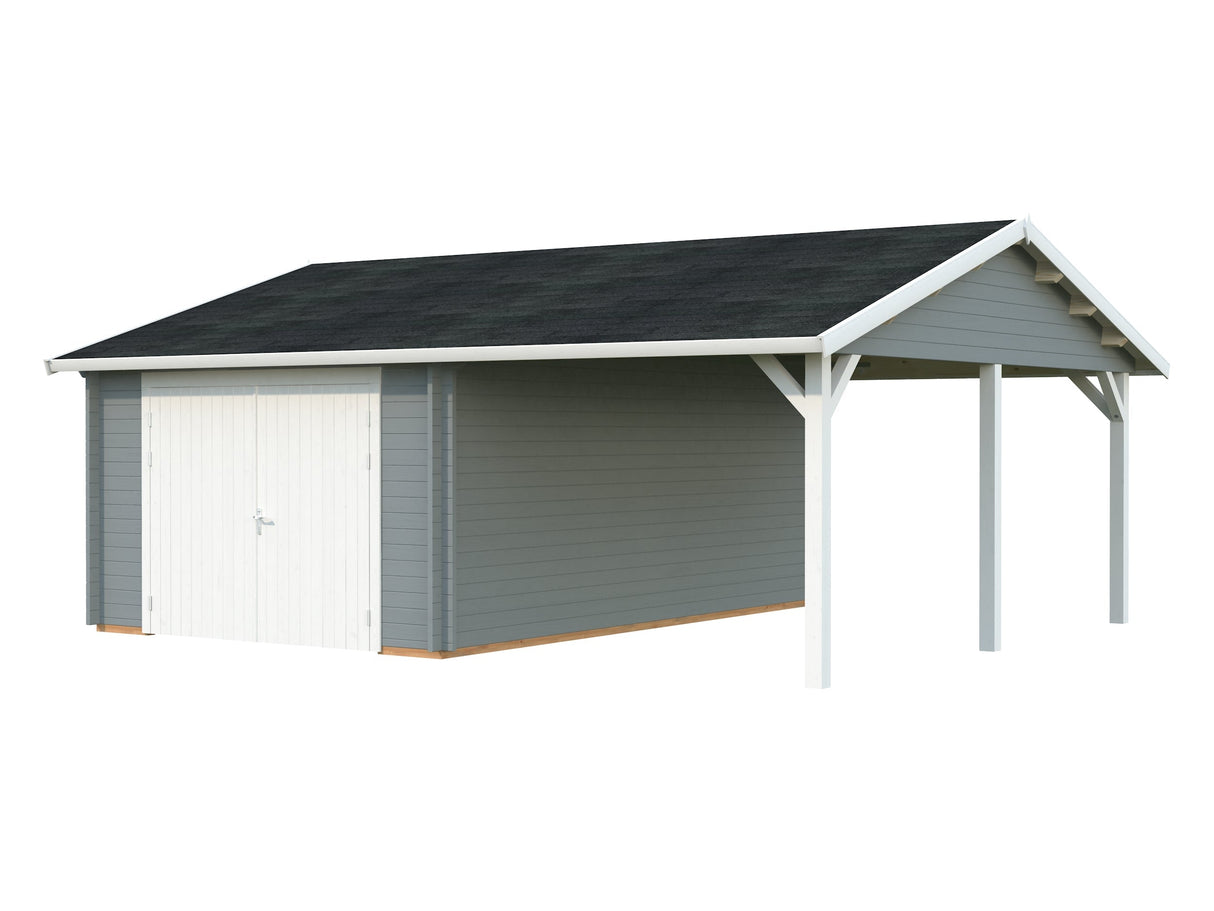 Roger 19+16.2m2 (6.53x5.5m | 44mm) autovarjualusega freespruss-garaaž puidust ustega