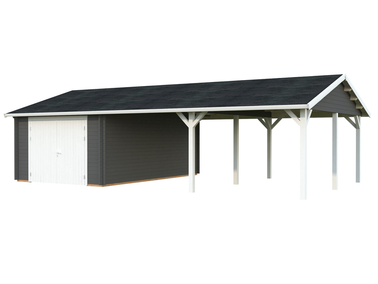 Roger 19+33.2m2 (9.56x5.5m | 44mm) Suure varjualusega freespruss-garaaž puidust uksega