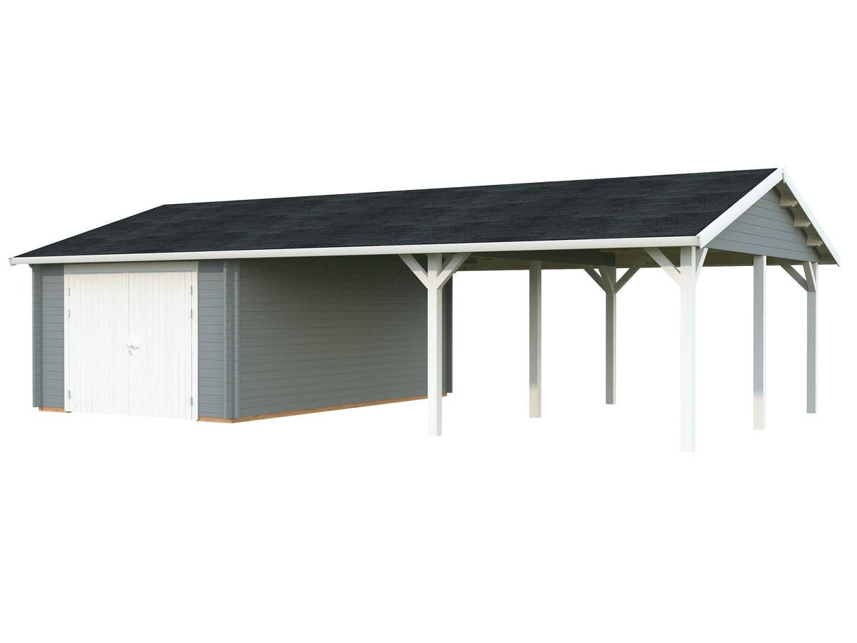 Roger 19+33.2m2 (9.56x5.5m | 44mm) Suure varjualusega freespruss-garaaž puidust uksega