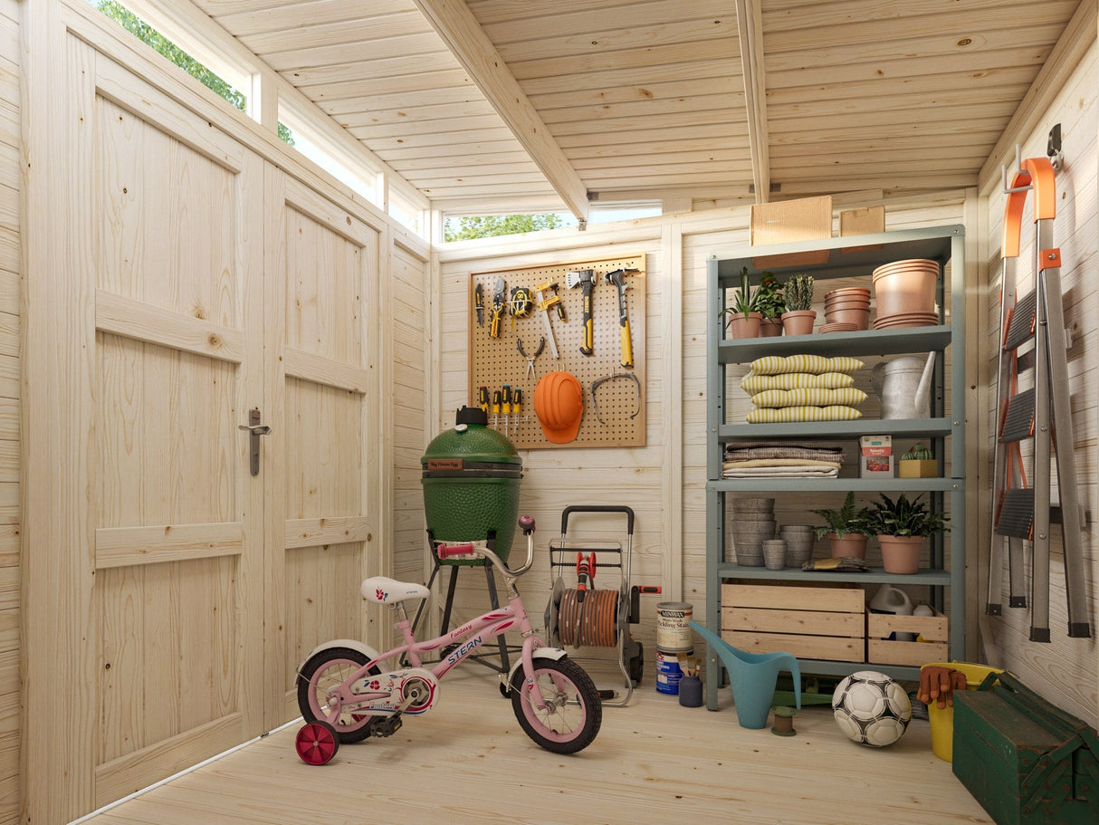 Elias 4,9 m² (2,2x2,3 m | 16 mm) Kompaktne puidust laokuur ülemiste akendega
