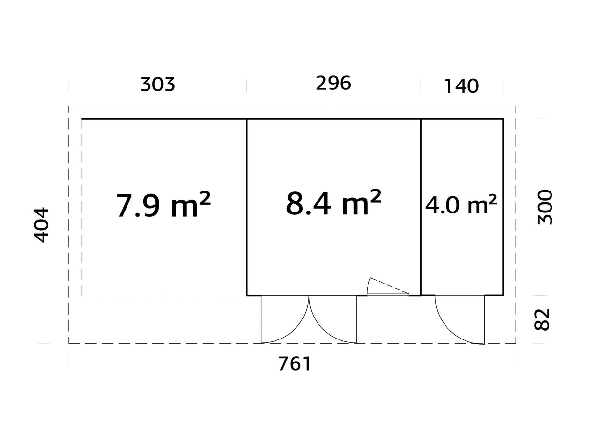 Aurelia 12,4 + 7,9 m² (7,4x3 m | 44 mm) Ühepoolse kaldega palkmaja katusealuse ja kuuriga
