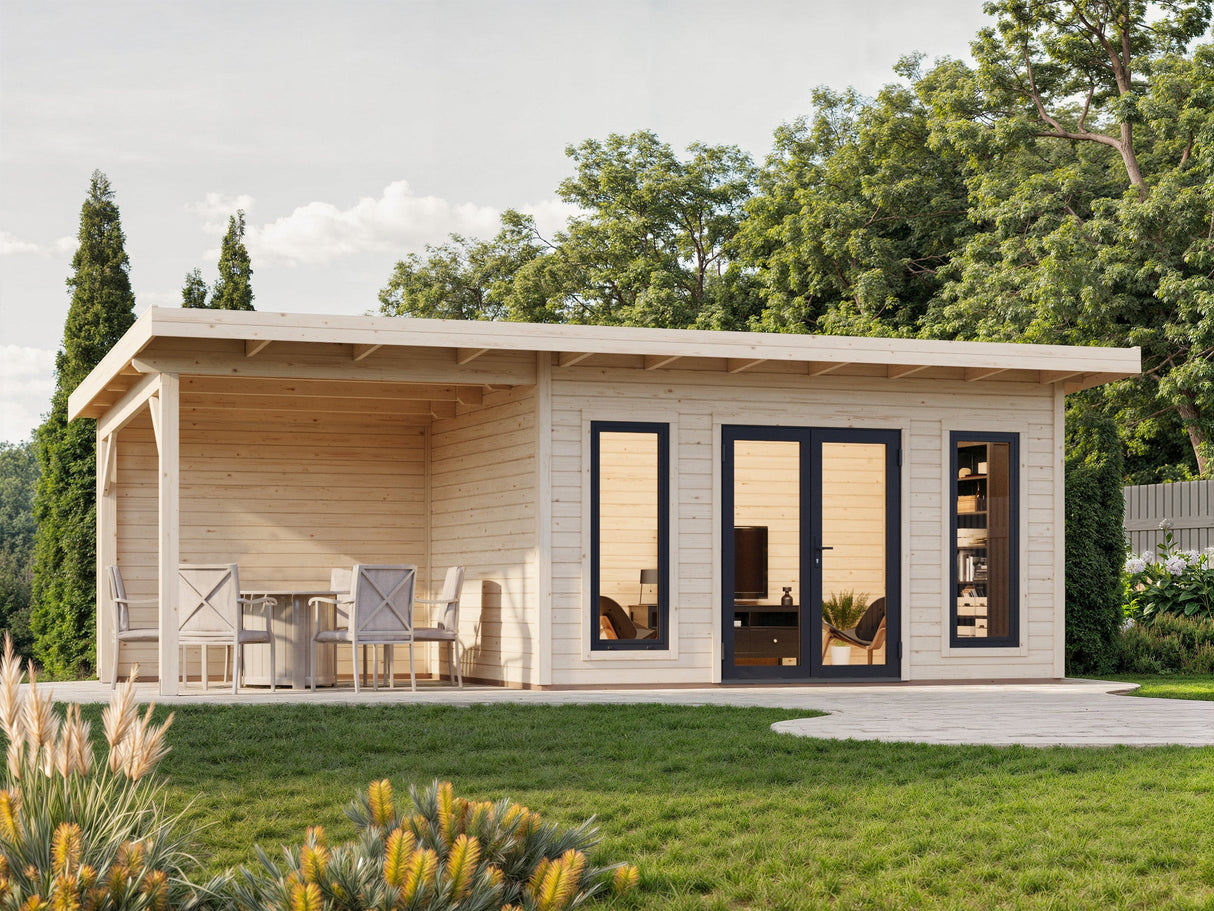 Aurelia 12,7 + 7,9 m² (7,5x3 m | 44 mm) Modernne ühepoolse kaldega aiamaja katusealusega
