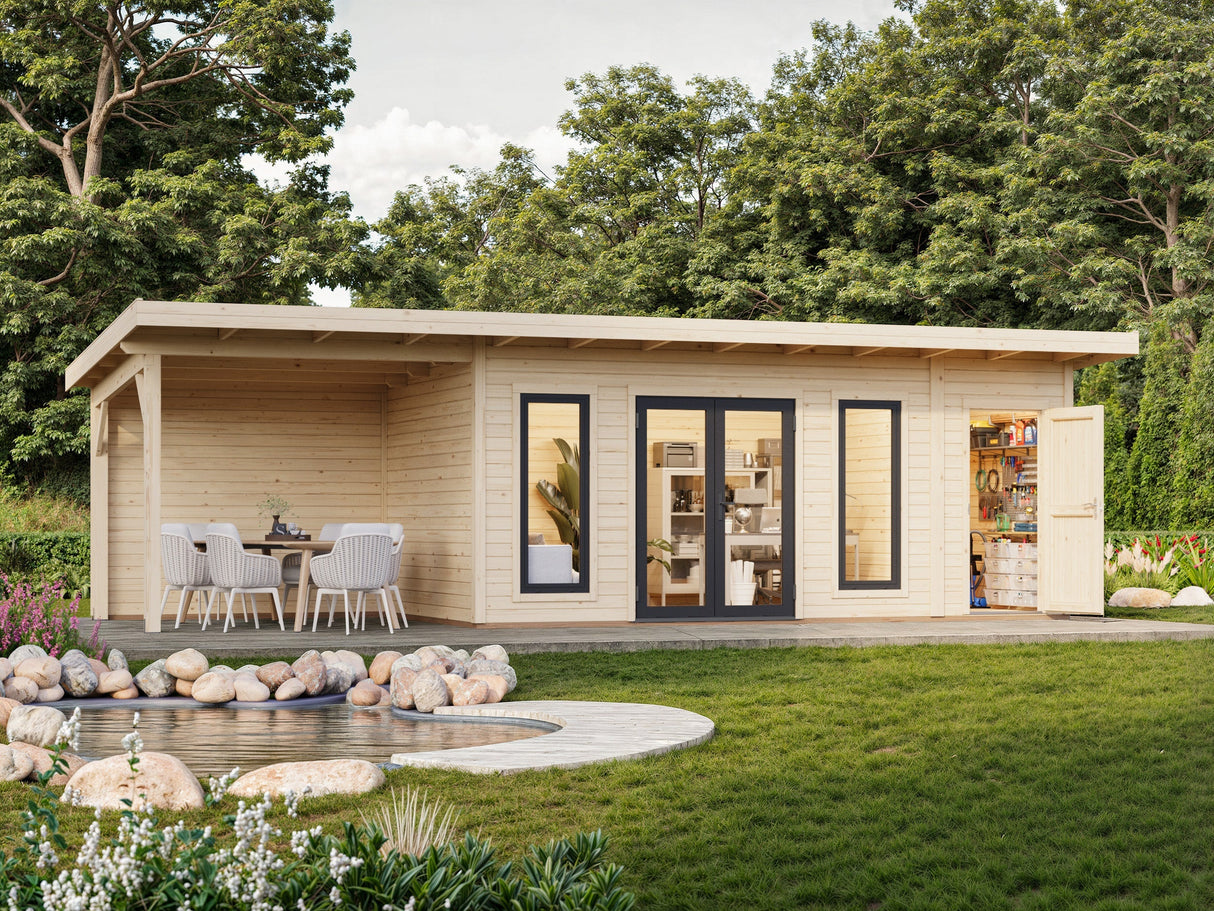Aurelia 16,7 + 7,9 m² (8,9x3 m | 44 mm) Lamekatusega palkmaja katusealuse ja kuuriga
