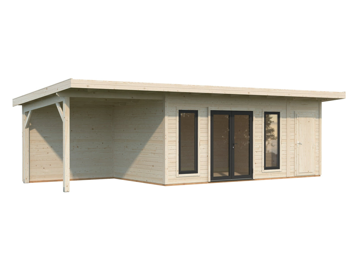 Aurelia 16,7 + 7,9 m² (8,9x3 m | 44 mm) Lamekatusega palkmaja katusealuse ja kuuriga