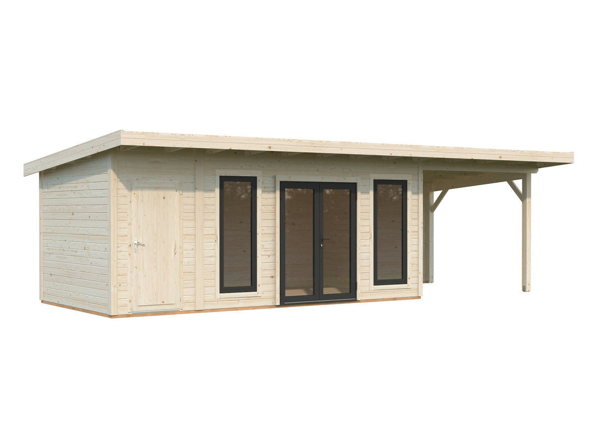 Aurelia 16,7 + 7,9 m² (8,9x3 m | 44 mm) Lamekatusega palkmaja katusealuse ja kuuriga