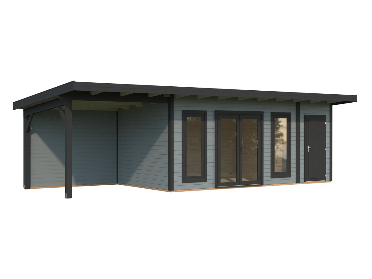 Aurelia 16,7 + 7,9 m² (8,9x3 m | 44 mm) Lamekatusega palkmaja katusealuse ja kuuriga