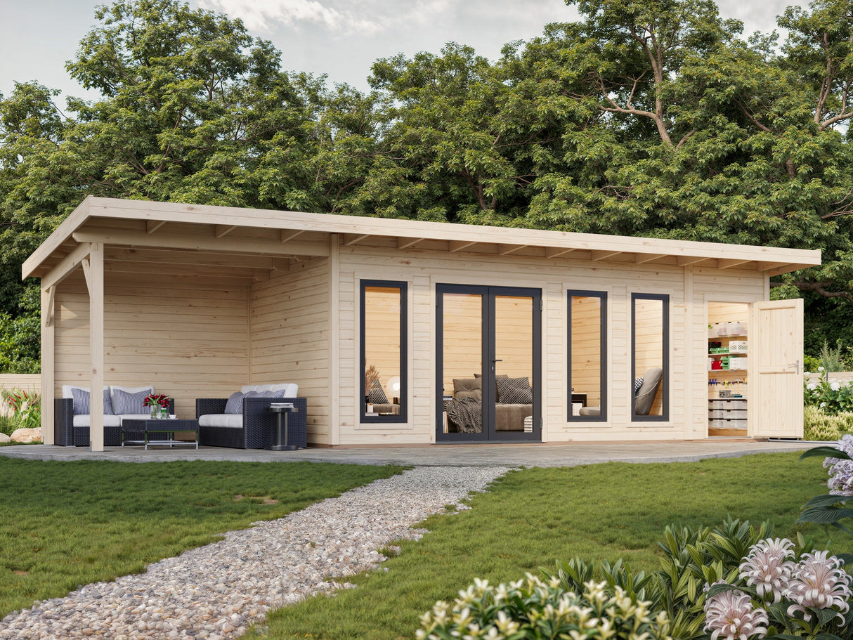 Aurelia 19,2 + 7,9 m² (9,7x3 m | 44 mm) Ühepoolse kaldega aiamaja katusealuse ja kuuriga