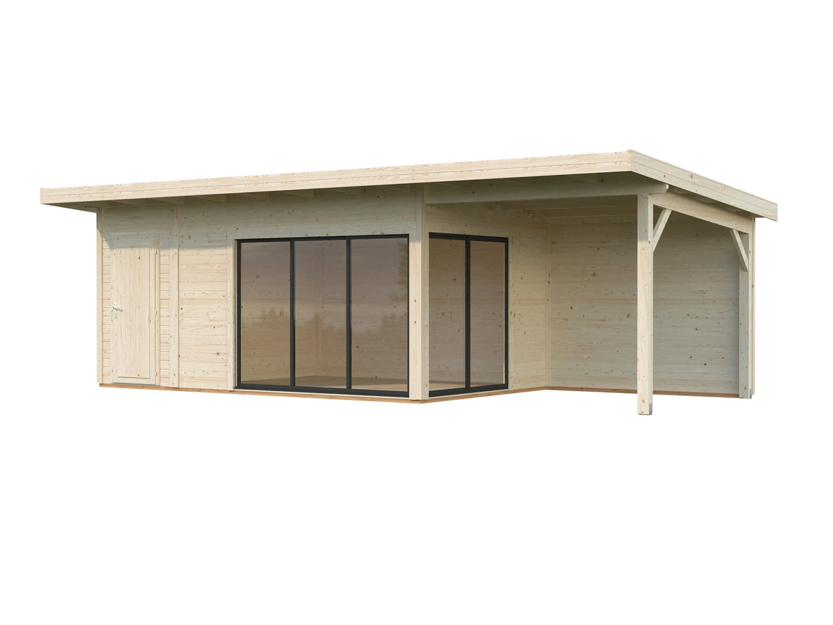Andrea 15,2 + 7,9 m² (8,3x3 m | 44 mm) Lükanduste, katusealuse ja kuuriga aiamaja