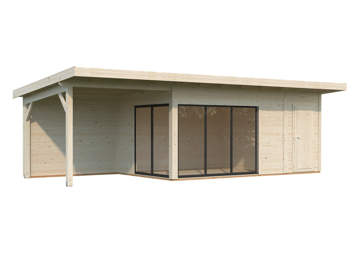 Andrea 15,2 + 7,9 m² (8,3x3 m | 44 mm) Lükanduste, katusealuse ja kuuriga aiamaja