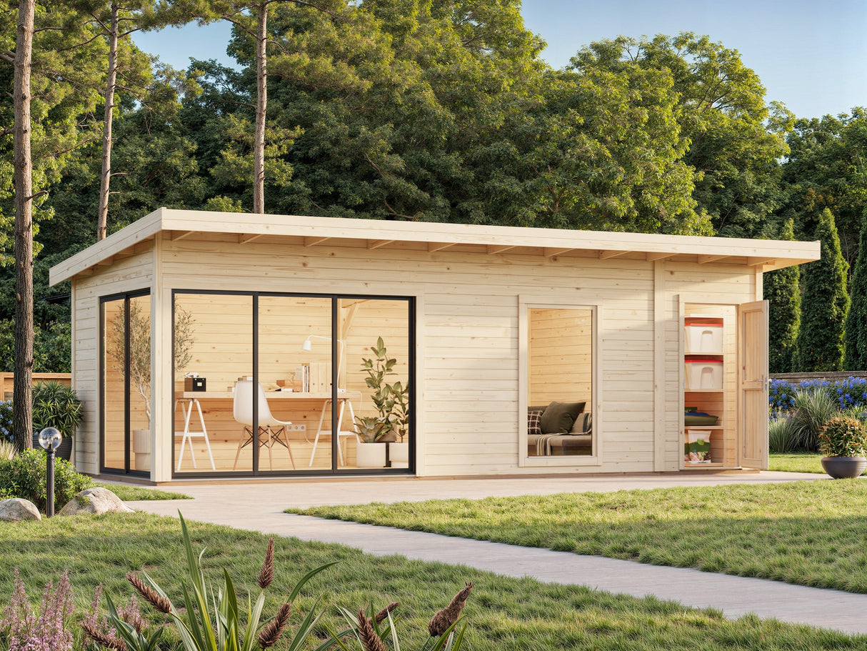 Andrea 21,1 m² (7,4x3 m | 44 mm) Modernne palkmaja kuuriga