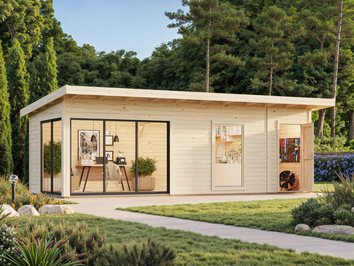 Andrea 21,1 m² (7,4x3 m | 44 mm) Modernne palkmaja kuuriga