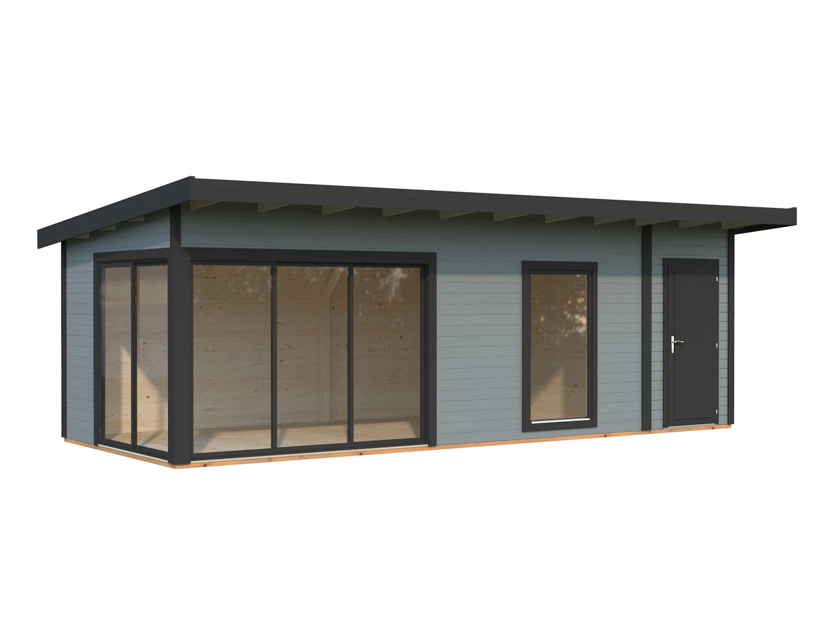 Andrea 21,1 m² (7,4x3 m | 44 mm) Modernne palkmaja kuuriga