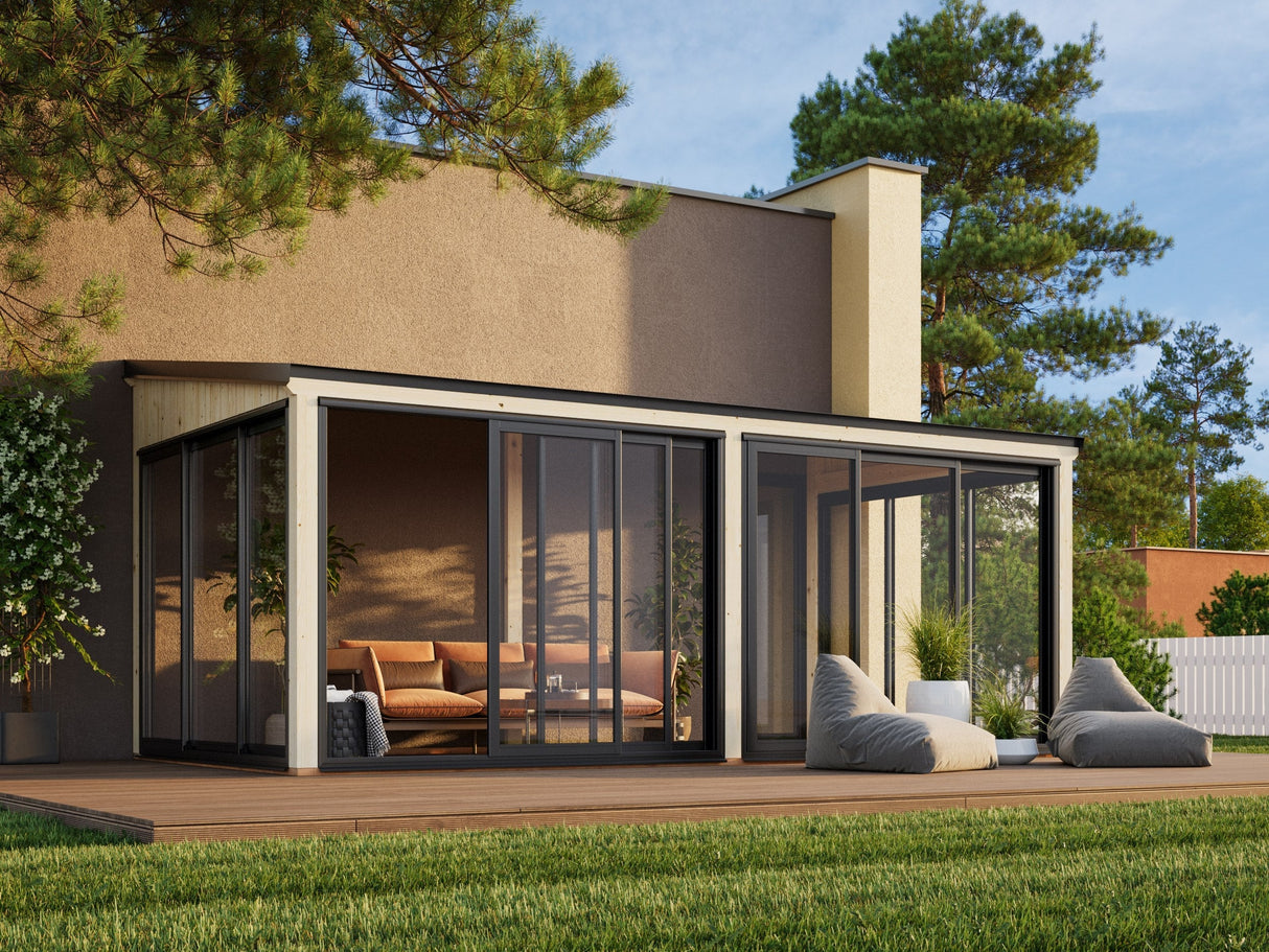 Lumi 16,2 m² (5,8x3 m | 120x120 mm) Modernne seinale kinnituv klaaspaviljon aeda