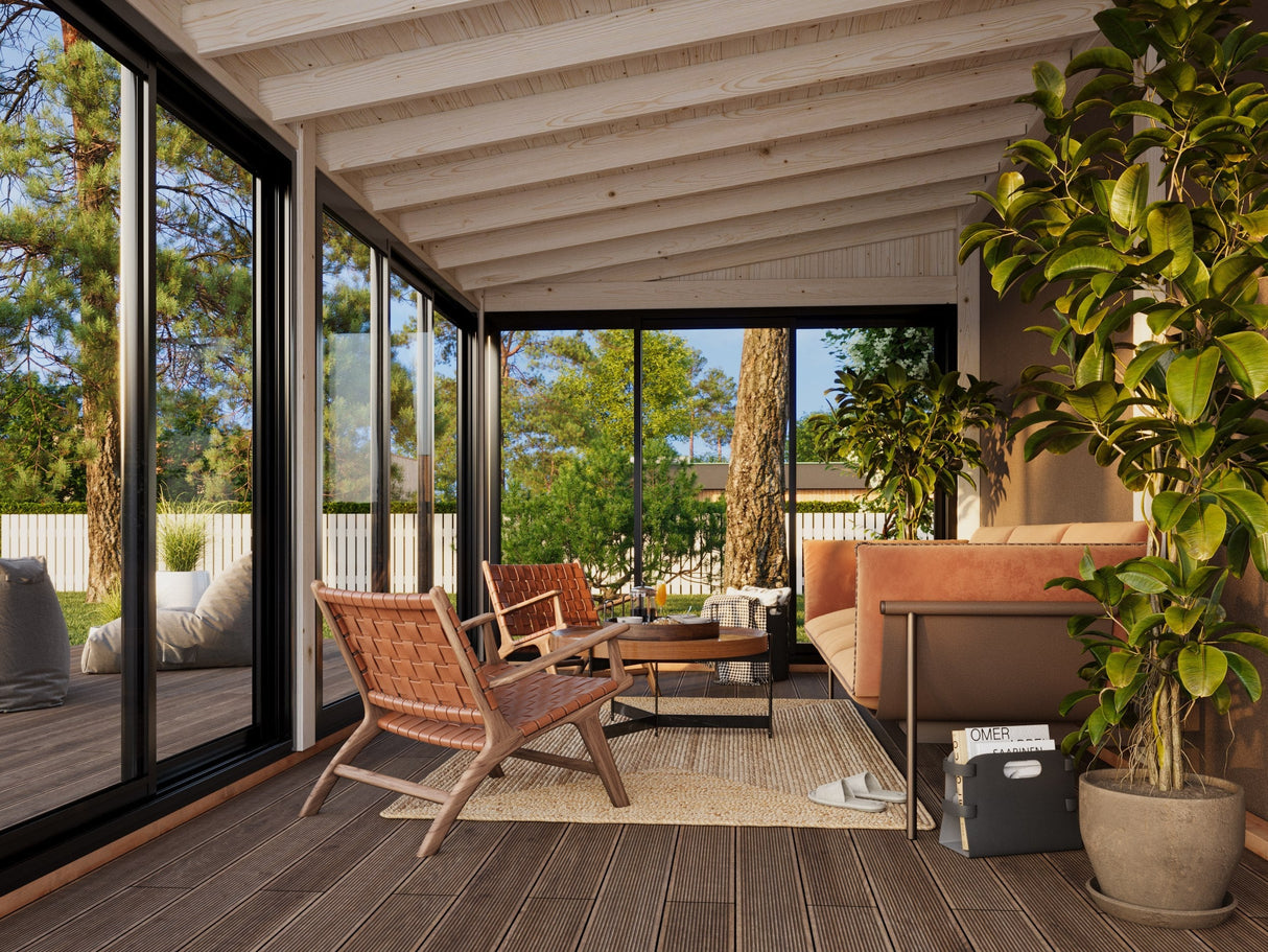 Lumi 16,2 m² (5,8x3 m | 120x120 mm) Modernne seinale kinnituv klaaspaviljon aeda