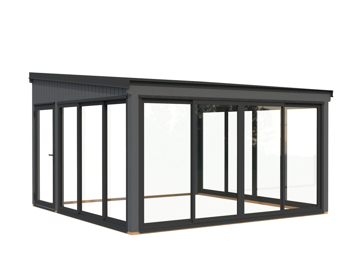 Lumi 16,6 m² (4,2x4,2 m | 120x120 mm) Seinale kinnituv puidust ja klaasist paviljon aeda
