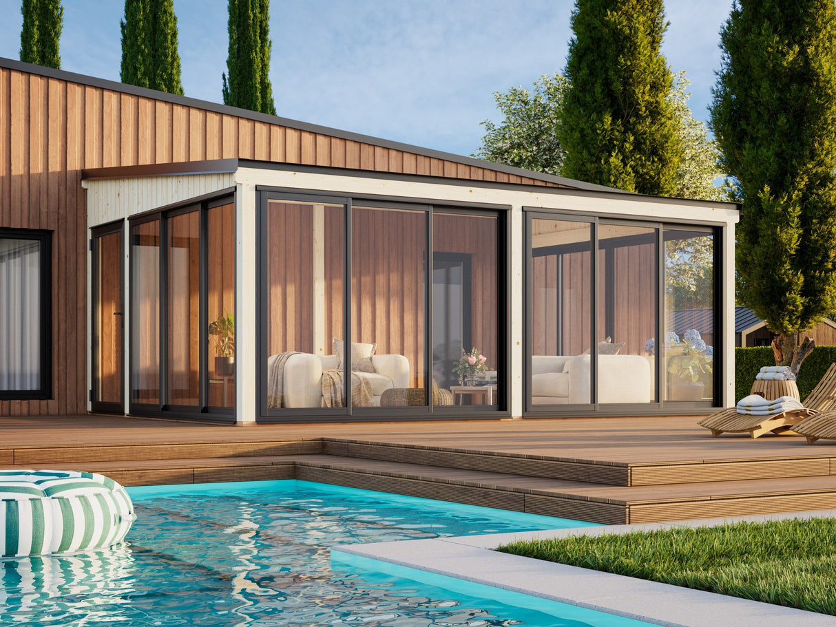 Lumi 23,3 m² (5,8x4,2 m | 120x120 mm) Ruumikas seinale kinnituv klaaspaviljon või suvetuba aeda