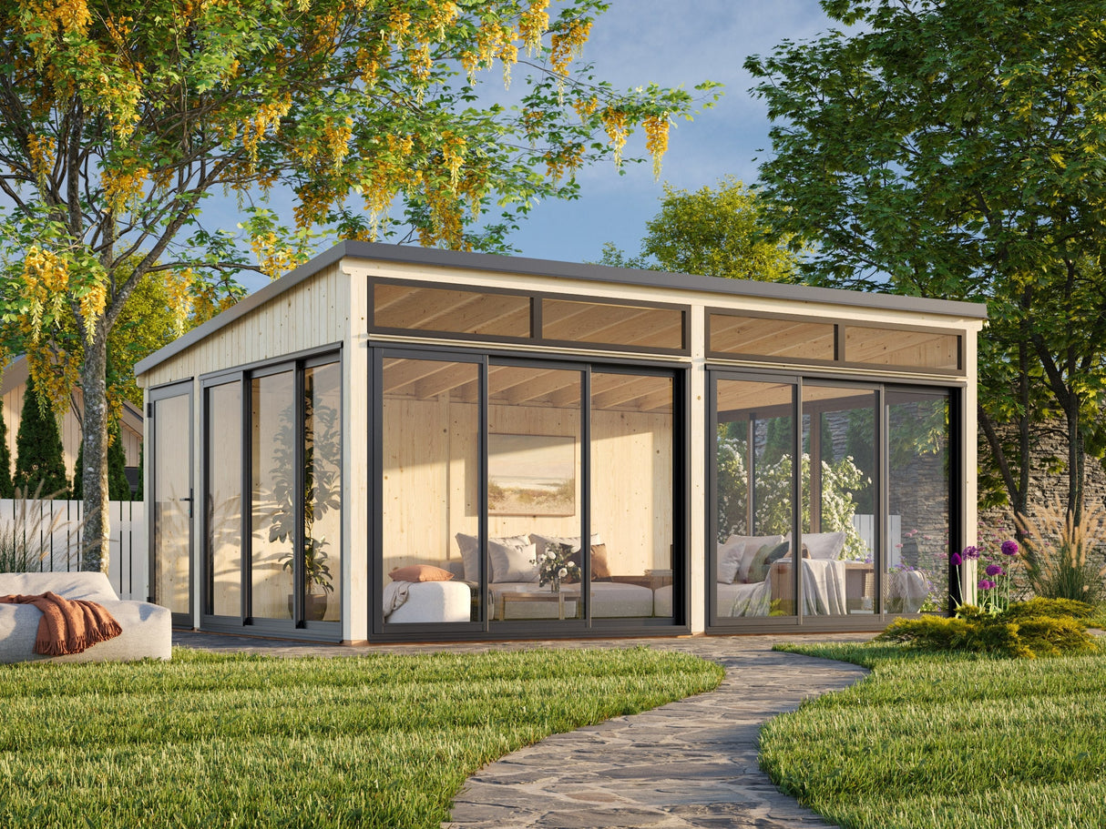 Saga 23,3 m² (5,8x4,2 m | 120x120 mm) Ruumikas ja modernne eraldiseisev klaasaed või suvetuba aeda