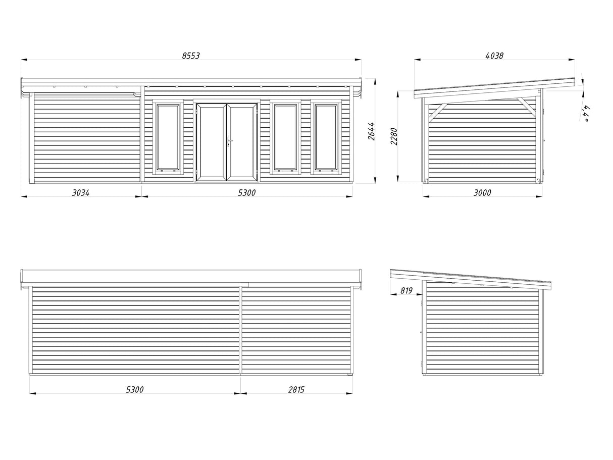 Aurelia 15,2 + 7,9 m² (8,3x3 m | 44 mm) Ruumikas modernne aiamaja katusealusega