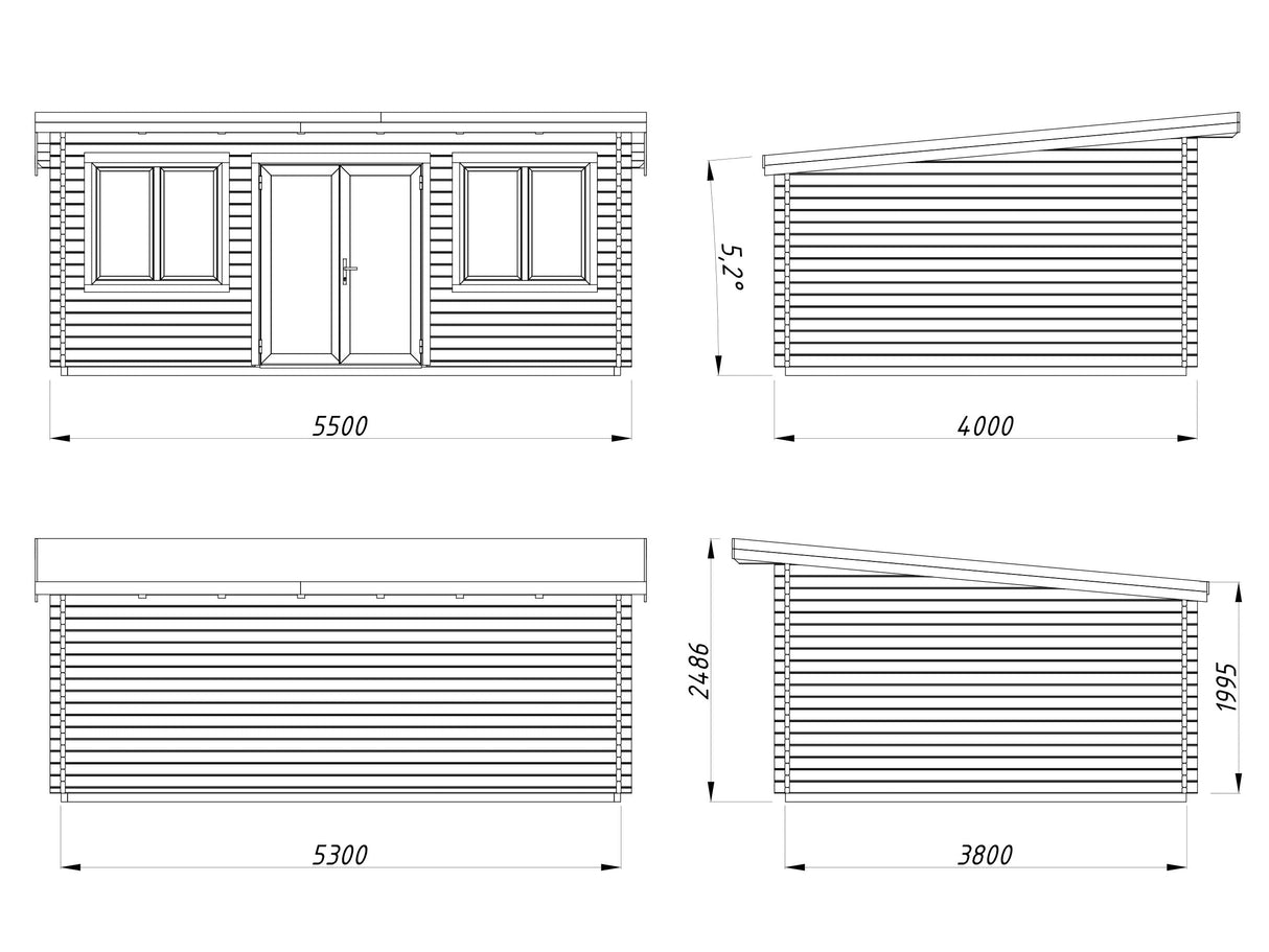 Lisandra 19,4 m² (5,5x4 m | 44 mm) Aiamaja alumiiniumuste ja -akendega