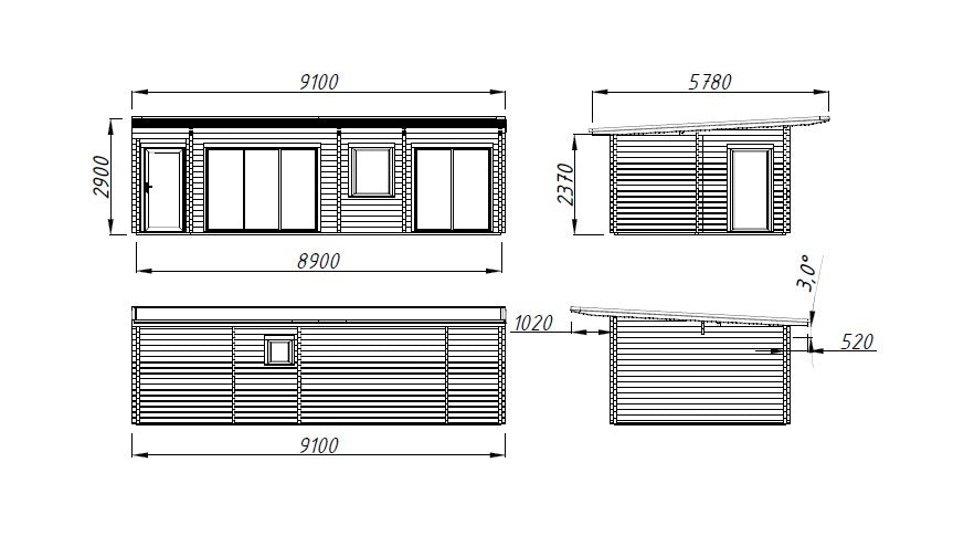 Cecilia 32m2 (8.9x4.2m | 70mm) Kolmeruumiline suvemaja alumiiniumakende ja -ustega