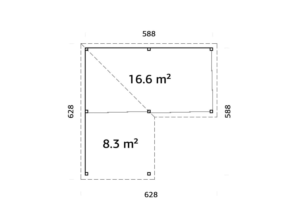 Lenna 24.9m2 Set 414/714 (5.88x5.88m) L-kujuline lamekatusega kolme lükandukse ja võreseinaga paviljon