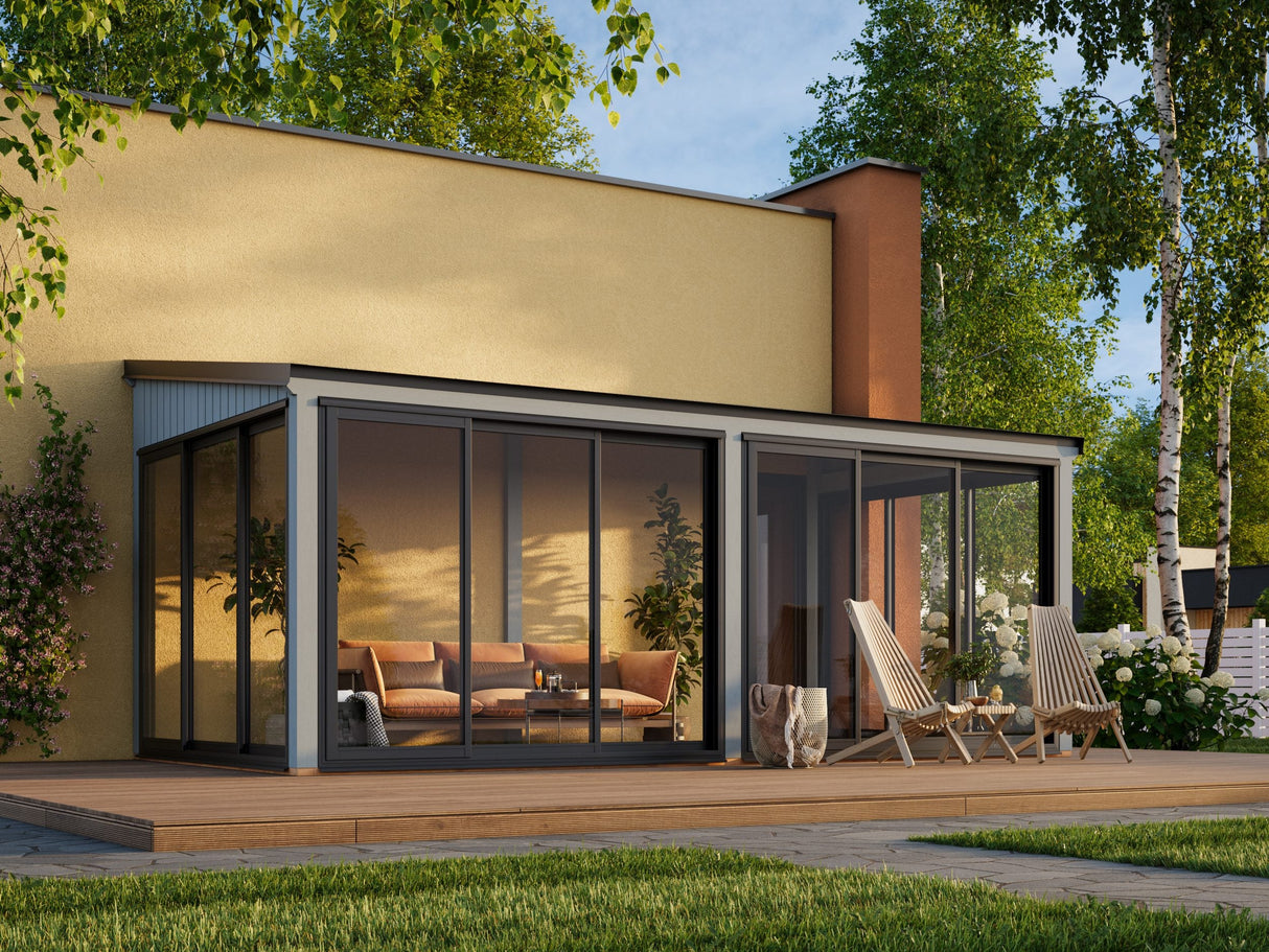 Lumi 16,2 m² (5,8x3 m | 120x120 mm) Modernne seinale kinnituv klaaspaviljon aeda
