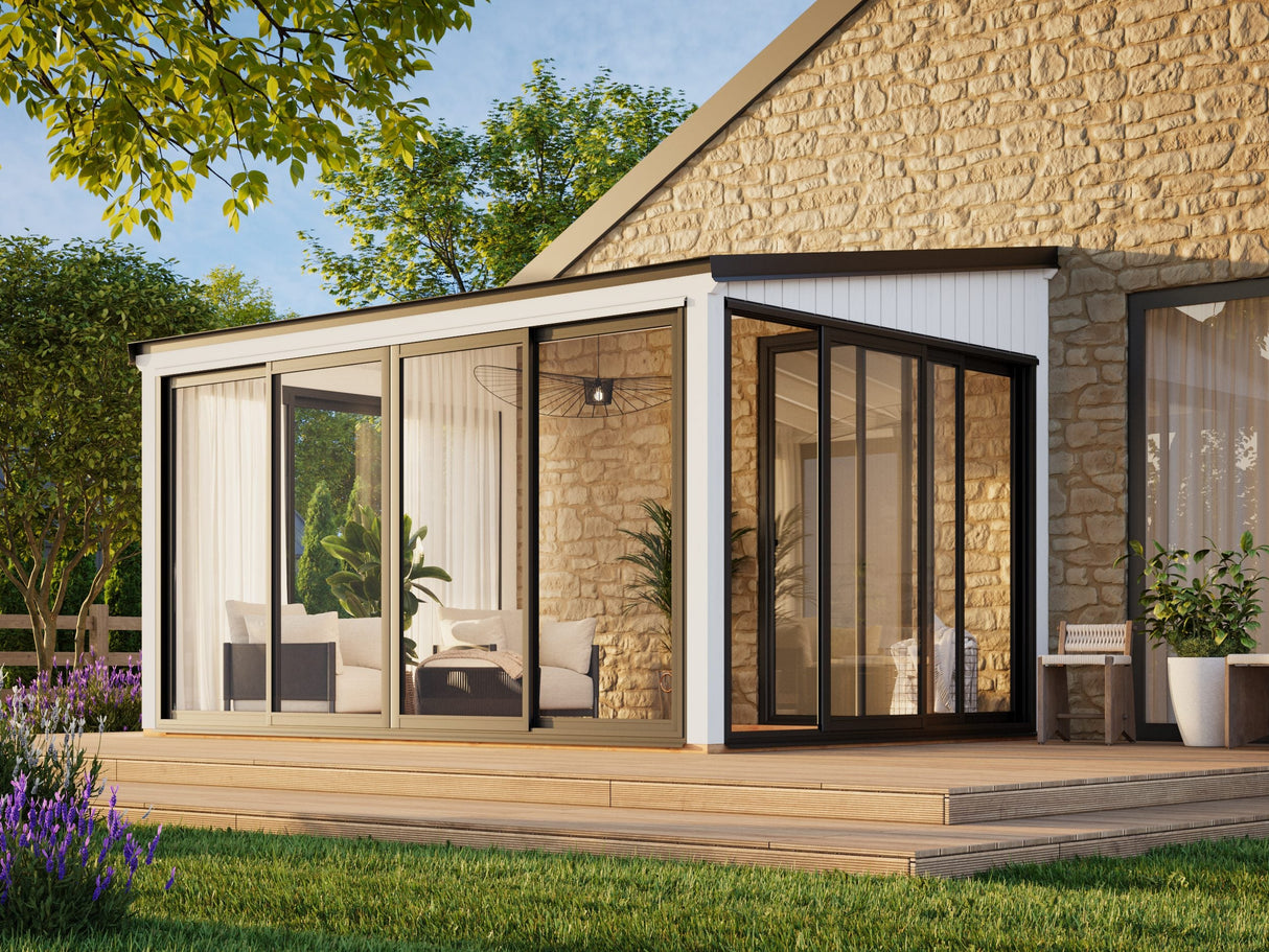 Lumi 11,6 m² (4,2x3 m | 120x120 mm) Seinale kinnituv klaaspaviljon aia laienduseks
